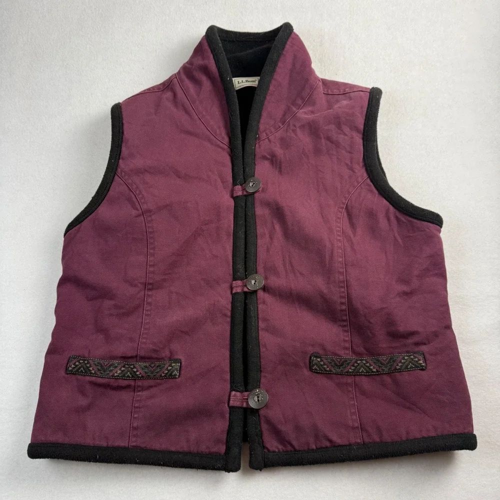 LL Bean Womens Small Burgundy Canvas Fleece Lined Vest Southwestern‎ Trim 0DF53